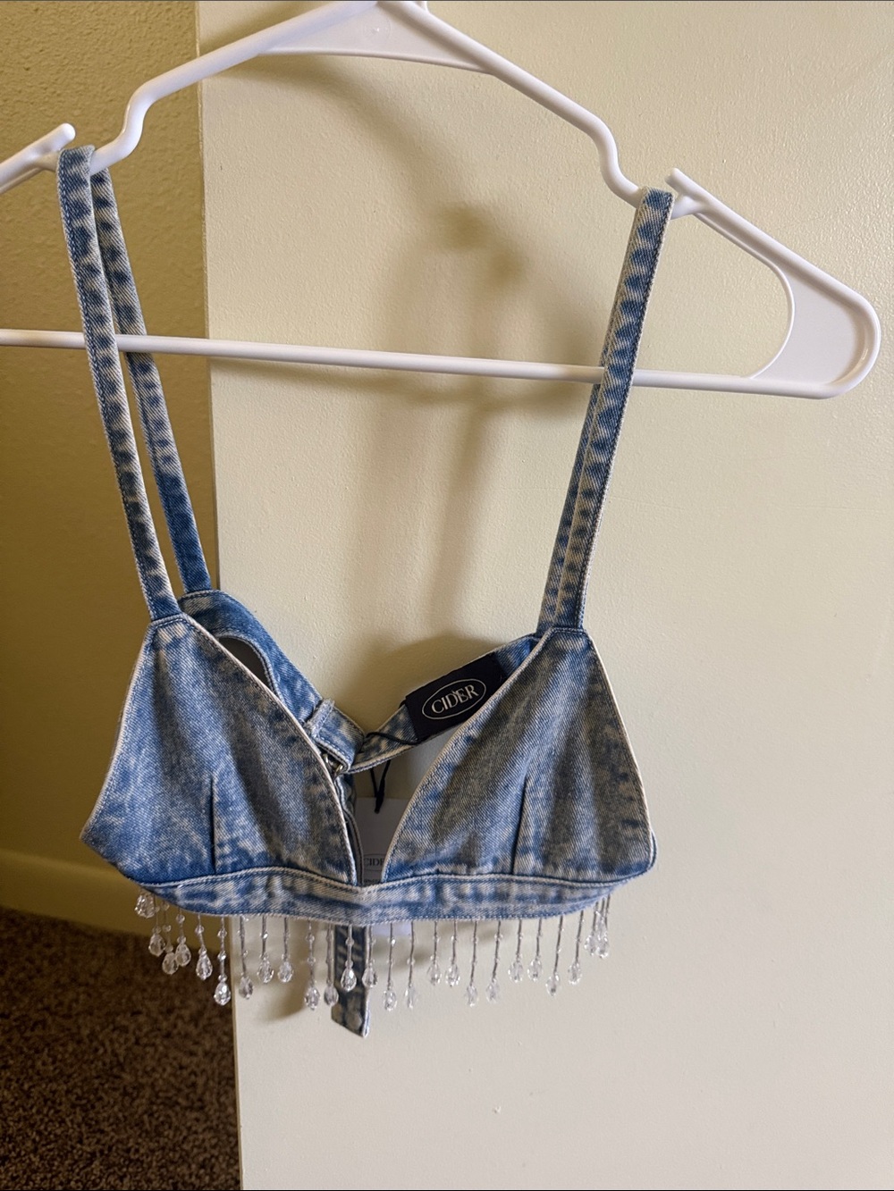 Cider Light Blue Denim Crystal Fringe Bralette